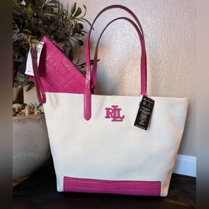 Lauren Ralph Lauren Large Canvas Goldie Tote & Wallet Set in Fushia & Cream NWT